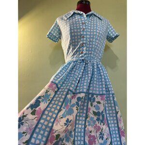Vintage 1950s Cotton Floral Check Blue Dress Cottage Small